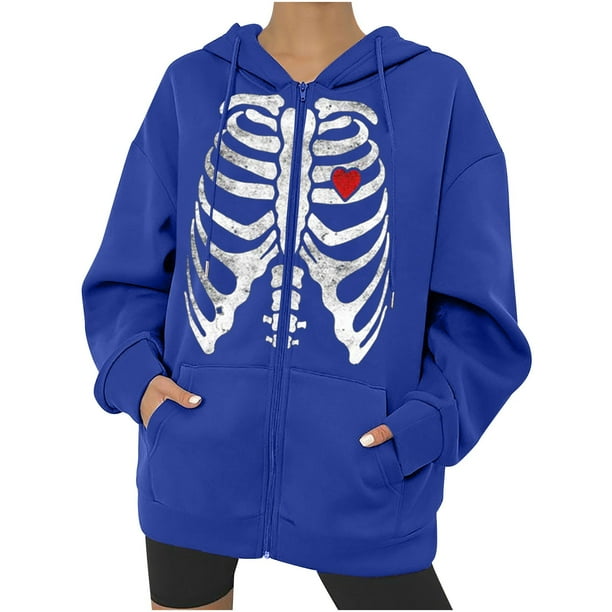 Chaqueta con capucha Punk suelta con cremallera y estampado de Halloween para mujer, abrigo, sudaderas con capucha, abrigo Pompotops qwe15352