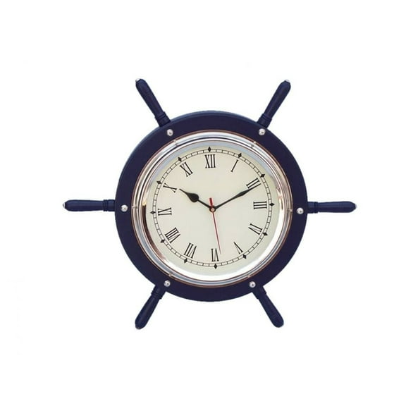 Hampton Nautical SW-1753-CH-Blue Wood and Chrome Ship Wheel Clock, 15", Dark Blue