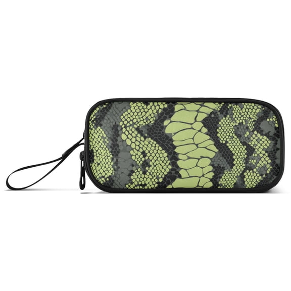 Green Black Snake Skin Pencil Case Stationary Holder Pen Bag Pencil Pouch Tool Organizer 3 Compartments