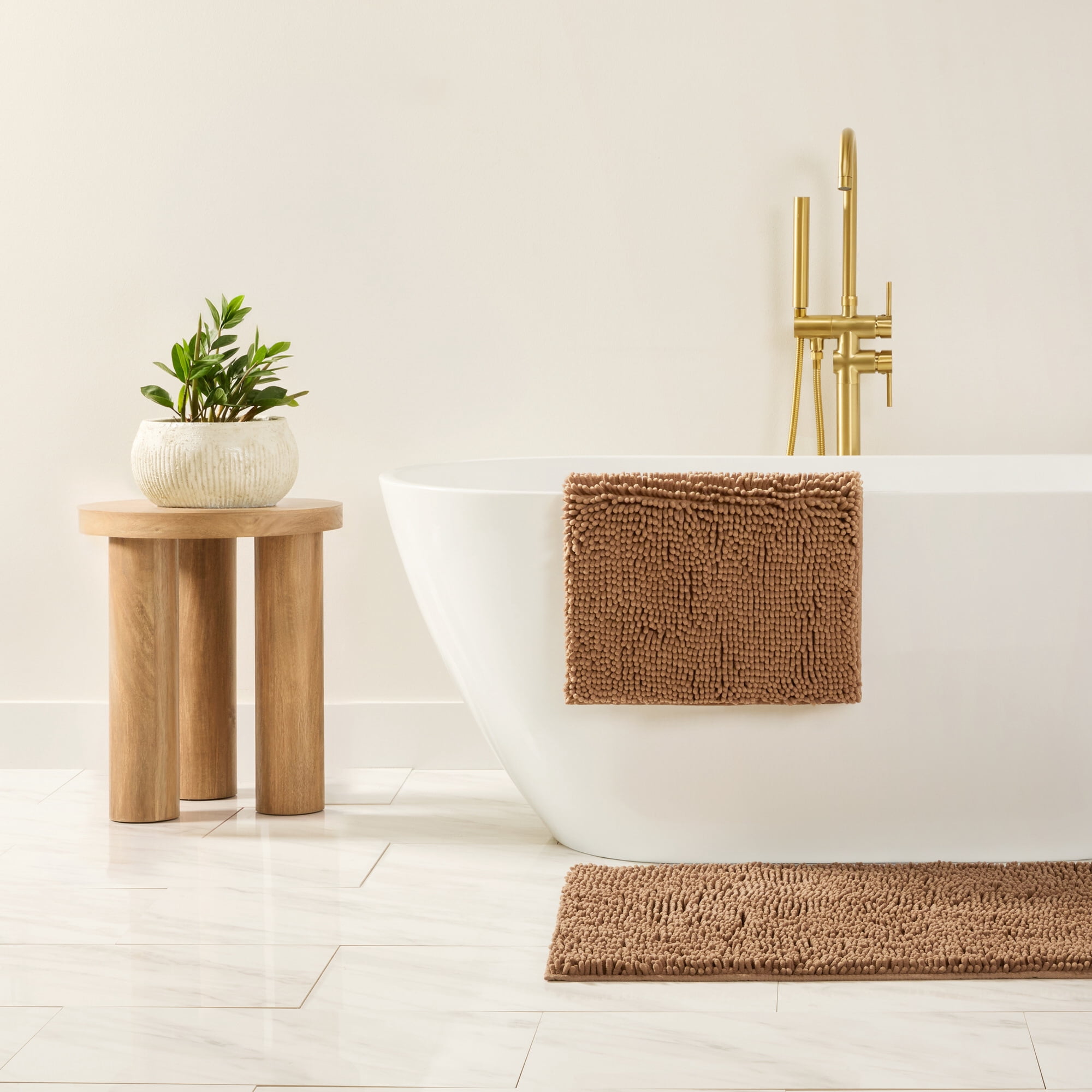 Soft Absorbent Chenille Bath Mat Rug with Anti-Skid Rubber Backing, 24 x 17, Mocha, by Noble Linens