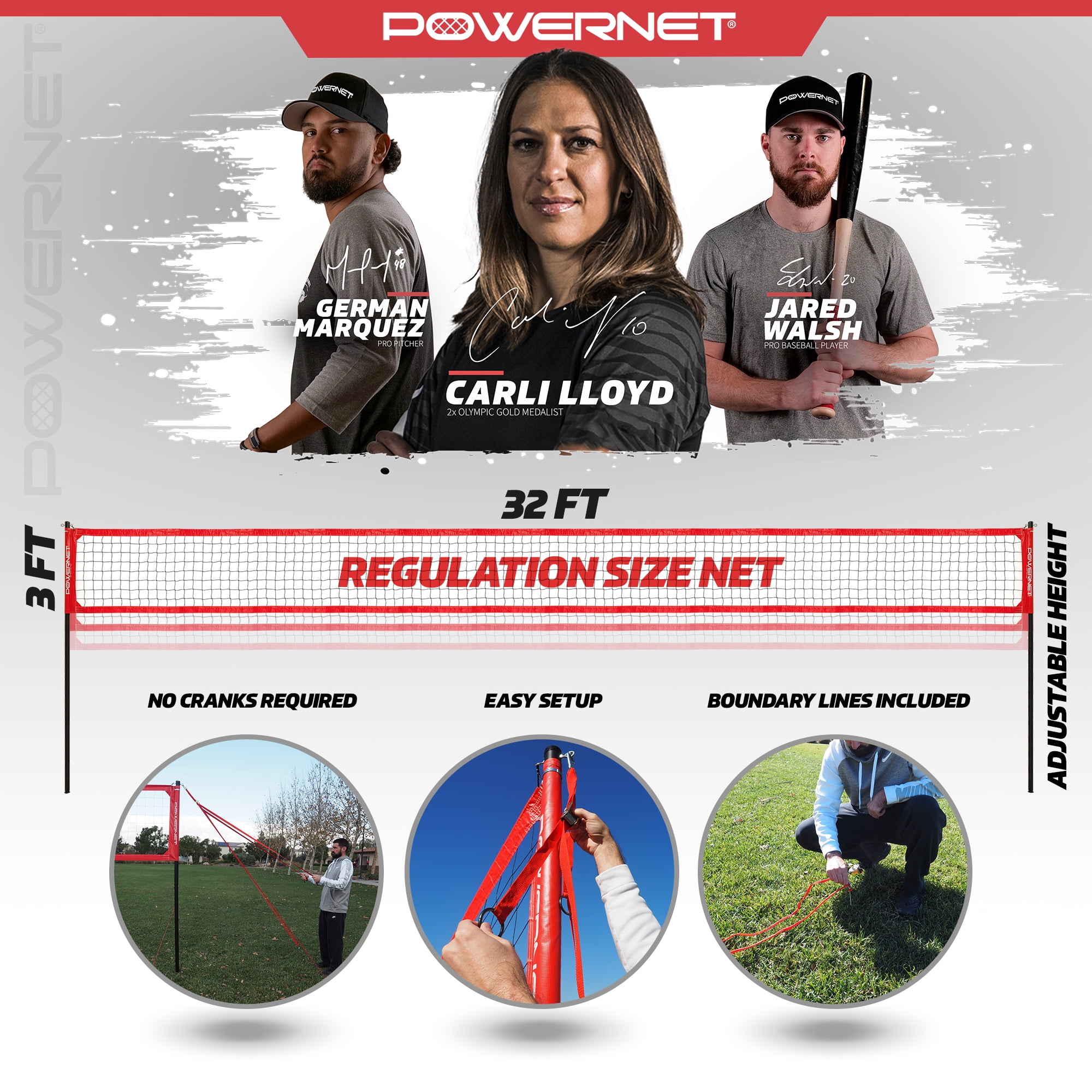 PowerNet Pro Volleyball Net, 32 Ft Wide Regulation Size, Adjustable Height Volleyball Net, Portable Volleyball Net for Backyard, Beach & Park, Volleyball Training Equipment, Carry Bag