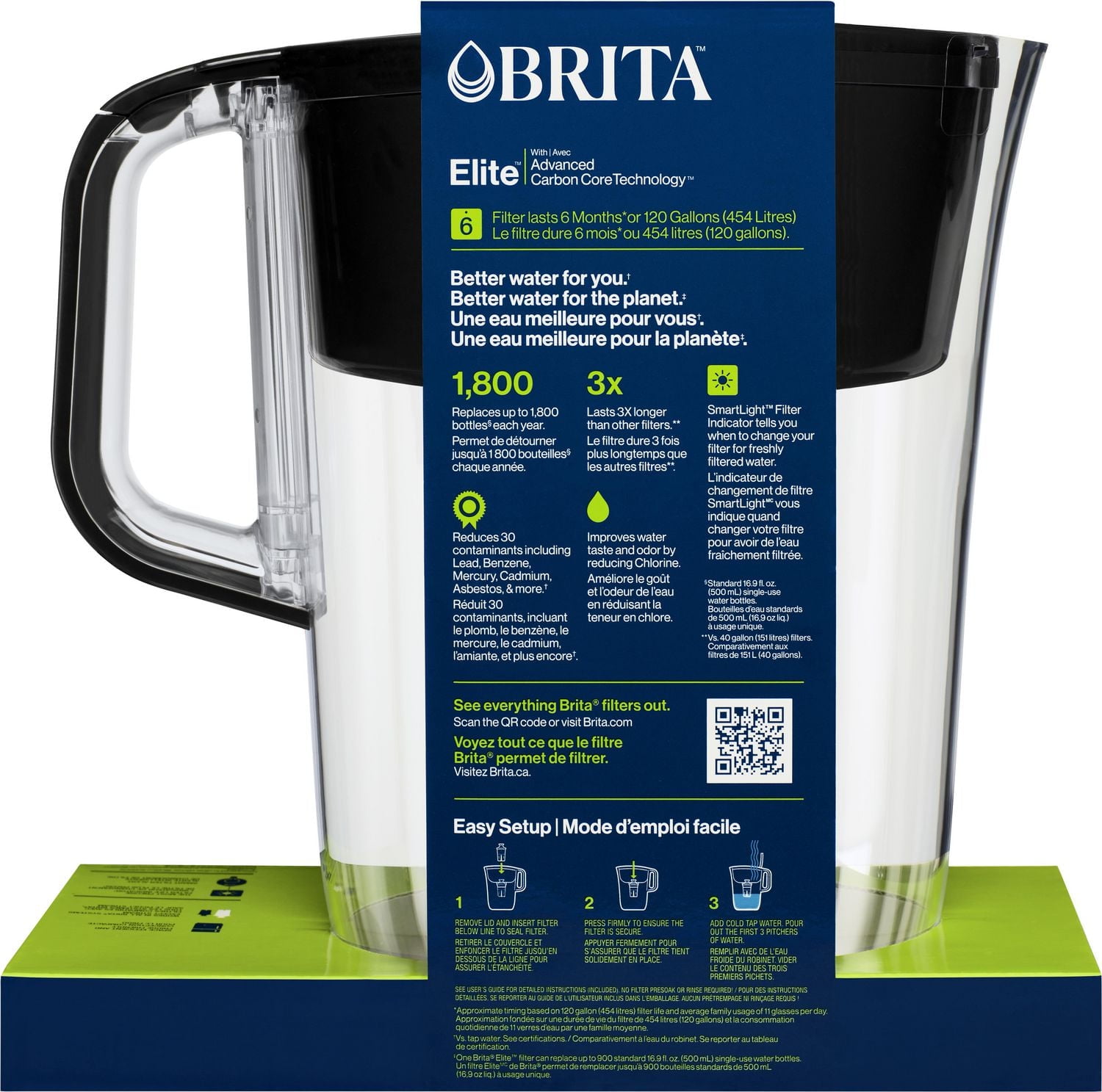 Pichet de filtration d’eau Brita d’une capacité de 10 tasses avec filtre Elite et indicateur de changement de filtre SmartLight, réduit plus de 30 contaminants, incluant le plomb et les microplastique modèle Tahoe noir