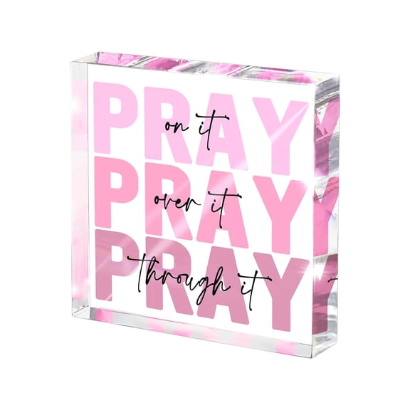 Pink Inspirational Decor Pray Over It Bible Verse Wall Art Christian Gifts for Women, 4x 4 Inches Office Desk Accessories Decor Sign, Pink Dorm Room Decoration for Women - Pray on it Pray Through It