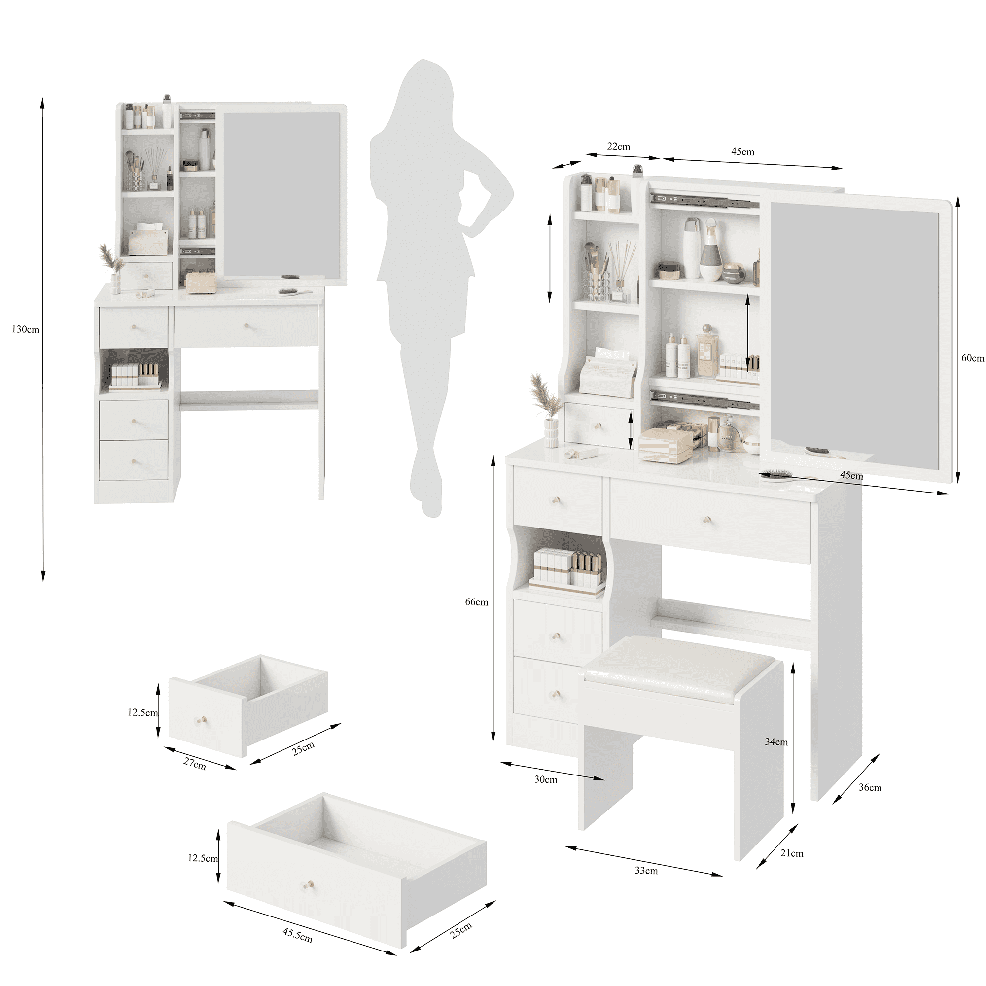 Resenkos Makeup Vanity Desk Set with Lighted Mirror & Stool, Bedroom Dressing Table with Large Drawers, White