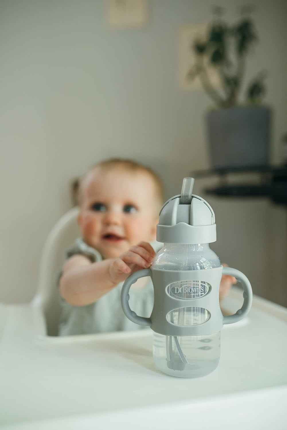 Dr. Brown's Milestones Wide-Neck Sippy Straw Bottle, 100% Silicone Handles, 9oz/270ml, 6m+, Gray