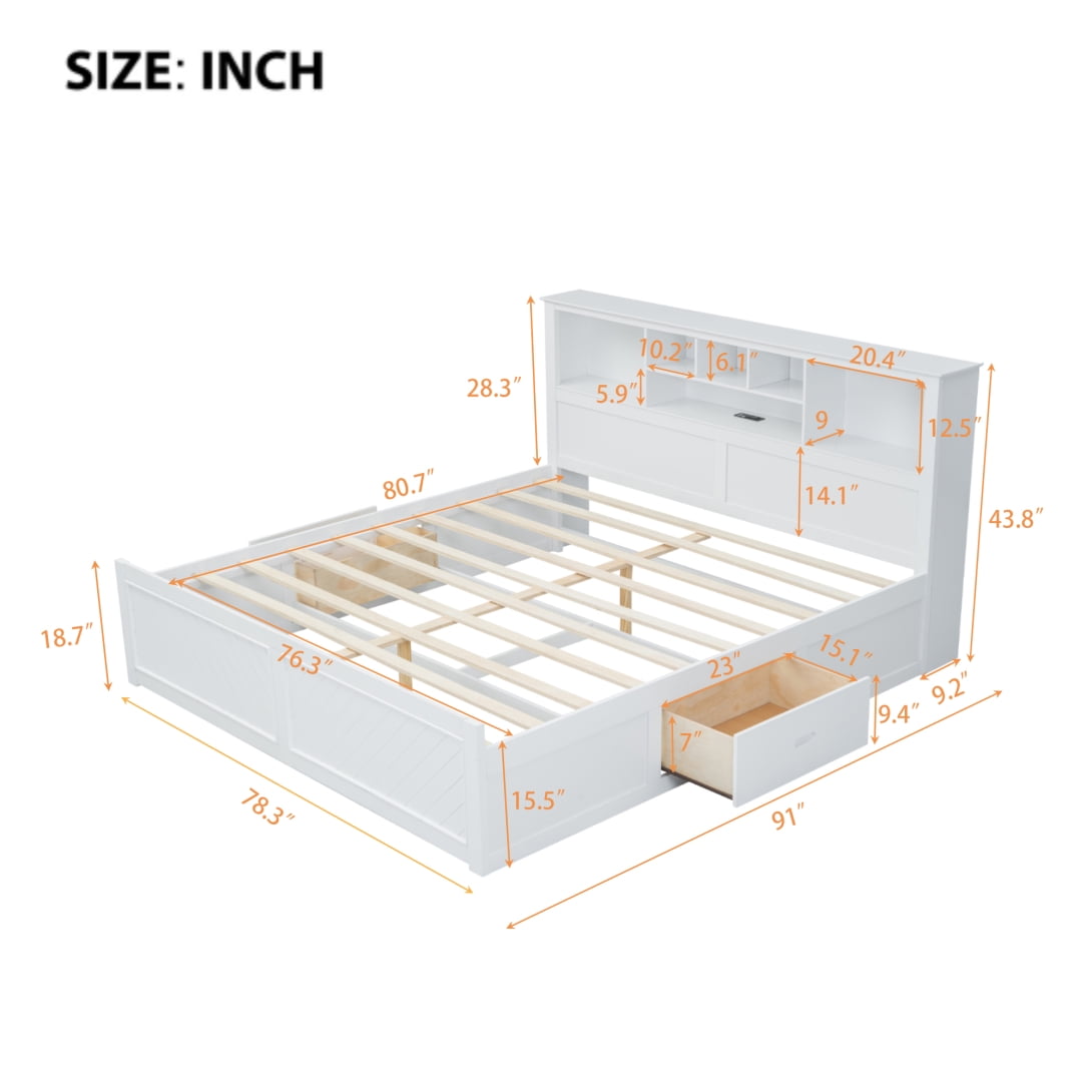 King Size Bed Frame with Storage Headboard, Wooden Platform Bed with USB Charging Station and Drawers, No Box Spring Needed, White