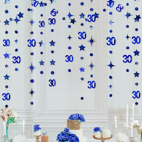 Cheerland Navy Blue 30th Birthday Decorations Number 30 Circle Dot Twinkle Star Garland Metallic Streamer Bunting Banner Backdrop