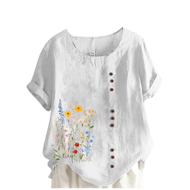 Vestidos Casuales Para Mujer, Blusas De Mujer De Moda Blusa informal de lino con botones y manga corta estampada para mujer