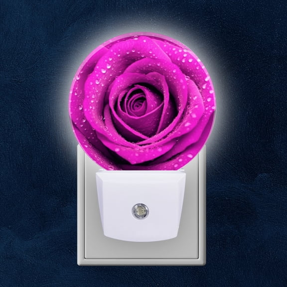 Round LED Night Lights Lamp with Dusk to Dawn Sensor, Vibrant Purple Rose With Dew Drops Night Light Plug Into Wall for Kids Room, Bedroom, Bathroom, Kitchen, Hallway