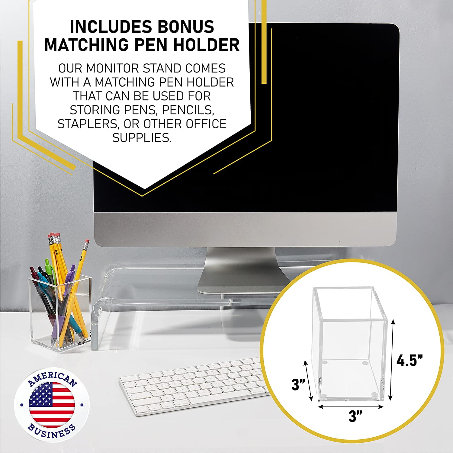 Dasher Products Acrylic Laptop Stand with Matching Pen Holder, Contemporary Design, Ergonomic Viewing Position, Raises Monitor 3 inches, 12mm Thick Clear Acrylic, No More Clutter