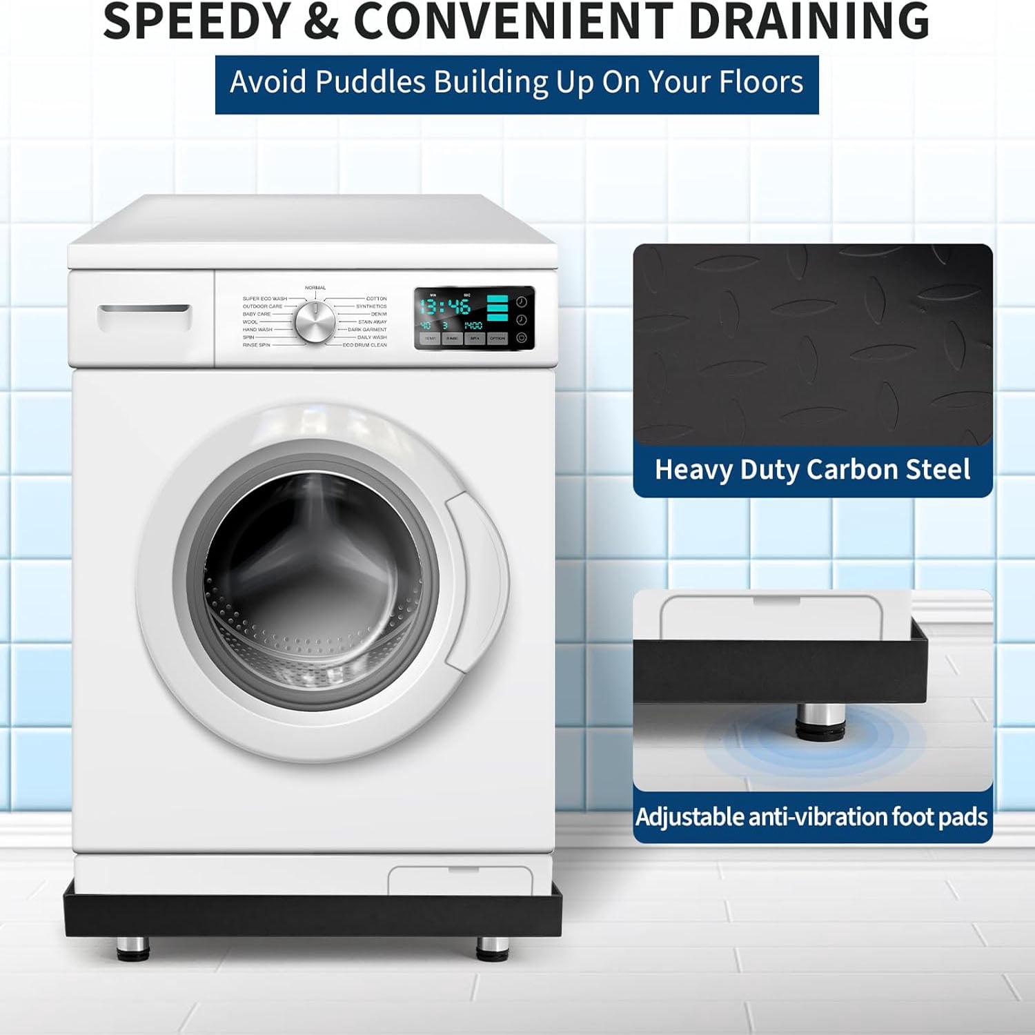 Studyset Heavy-Duty Carbon Steel Washing Machine Pan - 24x24x2in Rust-Free Water Damage Protection with 4 Anti-Vibration Feet, Easy Install No-Hole Design