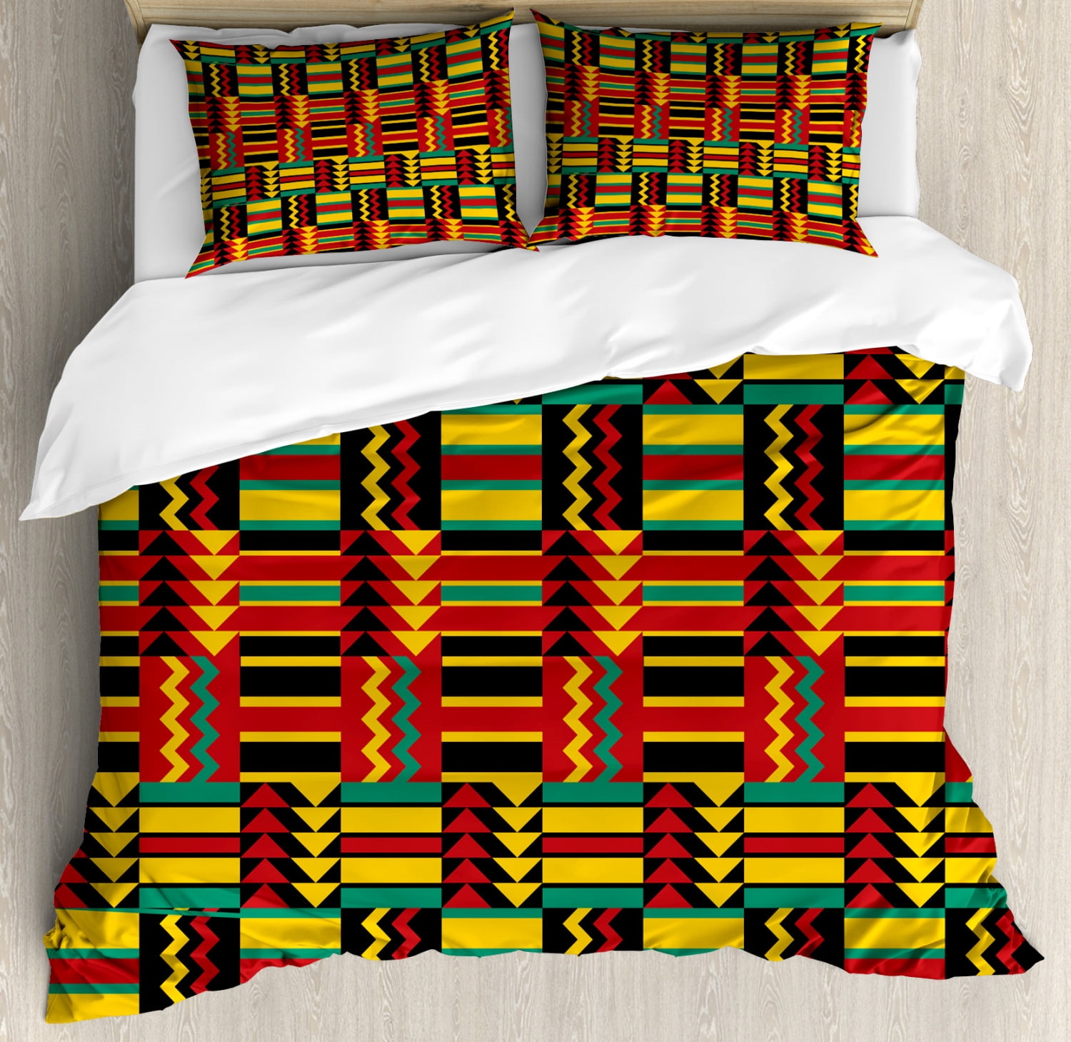 Kente Pattern King Size Duvet Cover Set, Ethnic Pattern with Stripes