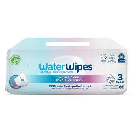 WaterWipes Adult Care Sensitive Wipes, Plastic-Free 99.9% Water Based Wipes, Unscented for Sensitive Skin, Large, Wet Wipes for Incontinence & All Over Cleansing, 90ct