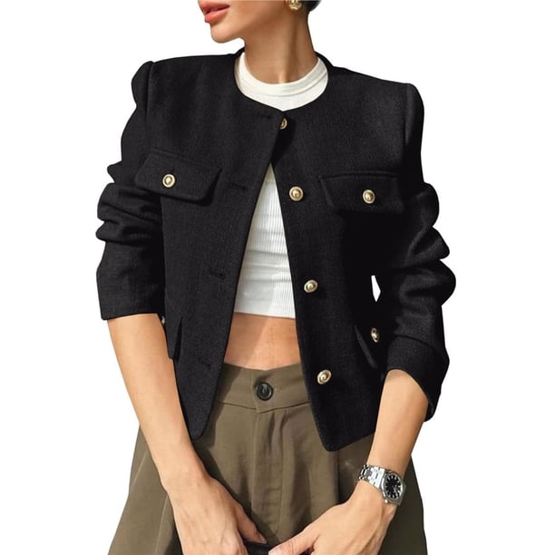Chaqueta Blazer Corta para Mujer, Sin Cuello, con Botones, Estilo Casual de Negocios, Ideal para Otoño e Invierno. Negro L