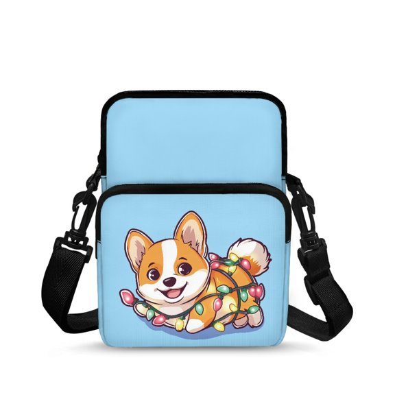 Chririnla Christmas Satchel Sling Bag Featuring Corgi String Lights, Adjustable Zippered over Shoulder Bag for Women for Shopping and Travel