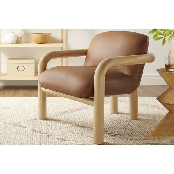 Modern Natural Wood Frame Faux Leather Accent Chair