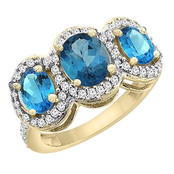 14K Yellow Gold Natural London Blue Topaz & Swiss Blue Topaz 3-Stone Ring Oval Diamond Accent, size 5