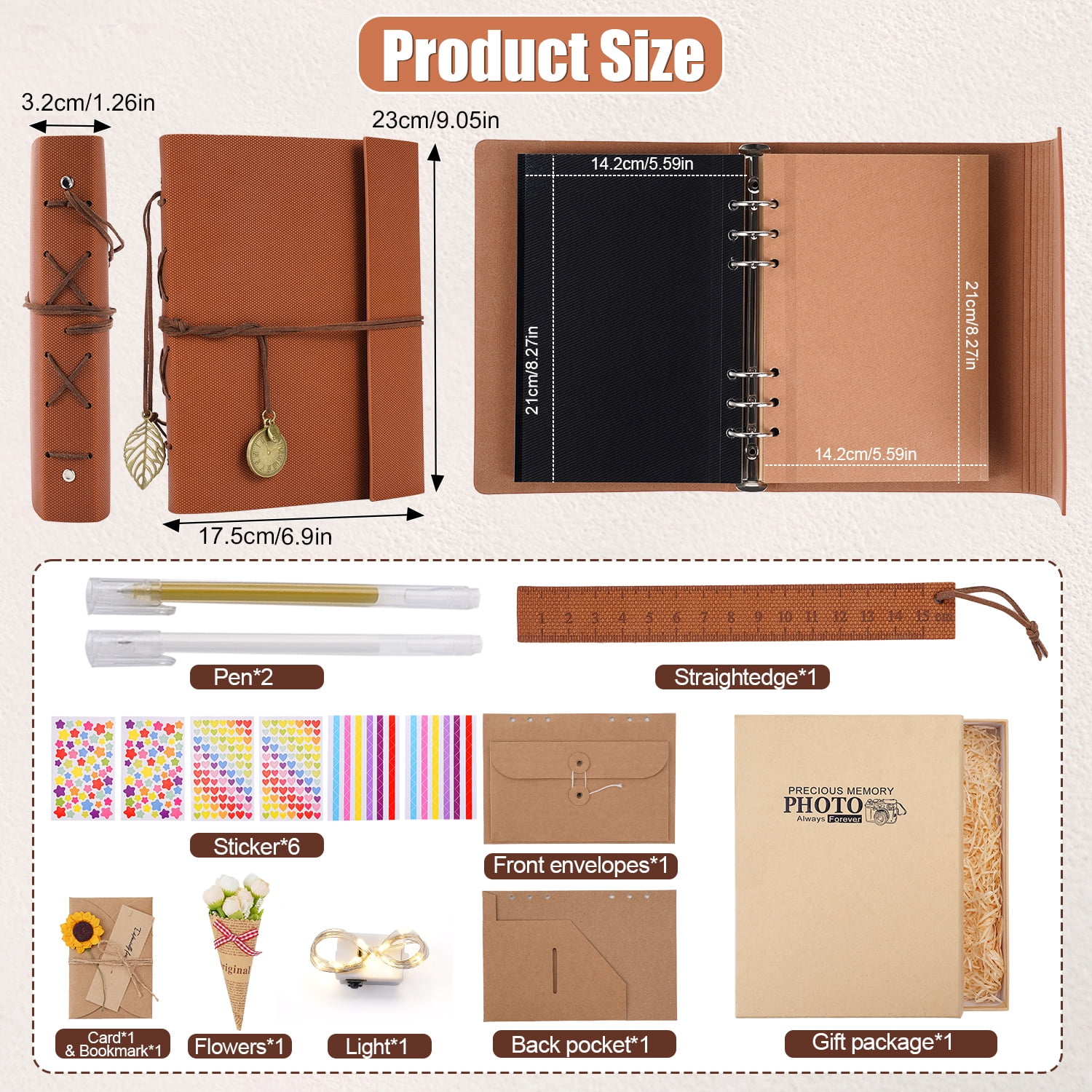 TJT 104 Pages Scrapbook Album, Self Adhesive Photo Album DIY Photo Book, Leather Memory Book for Wedding Baby Family Travel Birthday Christmas Brown