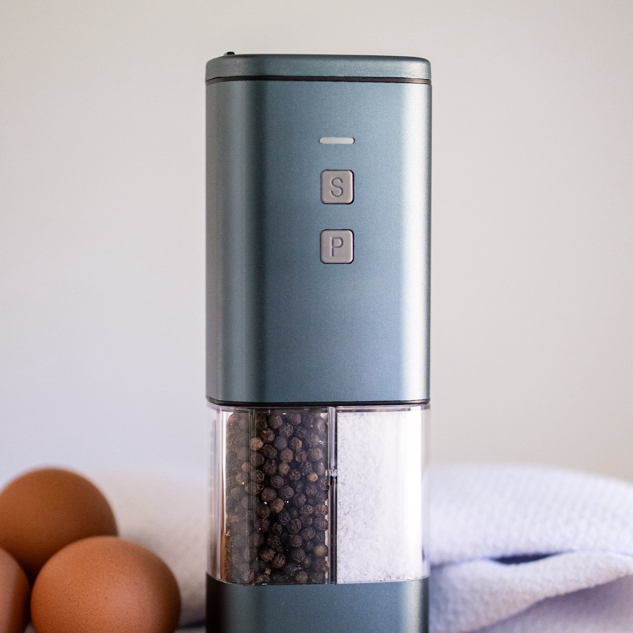 2-in-1 USB Rechargeable Salt and Pepper Grinder – Single Pack Electric Grinder with Adjustable Coarseness, LED Light, and One-Handed Operation – Neutral Color – Saturated Blue