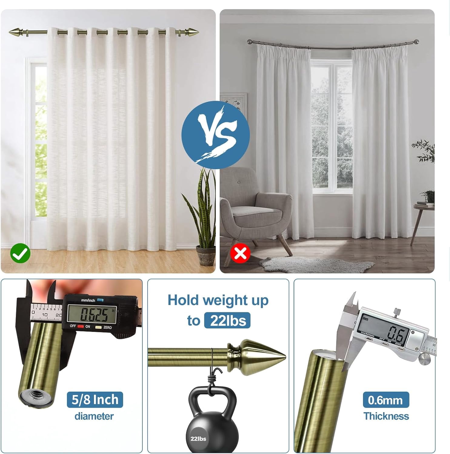 Urbanest Adjustable Single Curtain Rod Set Lance Finials – 5/8-Inch Diameter, With Antique Brass Rod, 48–84 Inches