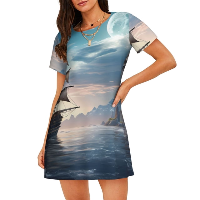 Easygdp Moonlit Sea Sailboat Camisón de manga corta para mujer, informal, estampado