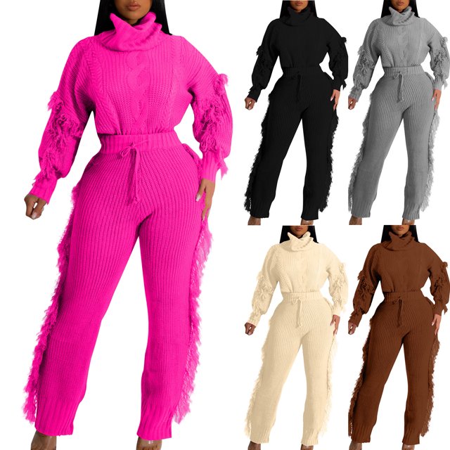 Sentmoon Matching Pajama Set for Women Going out Tops for Women and Trousers Pants for Women Crew Neck Womens Lounge Long Sleeve Solid Color Sleep Shirts for Women Winter for Relaxing Weekends