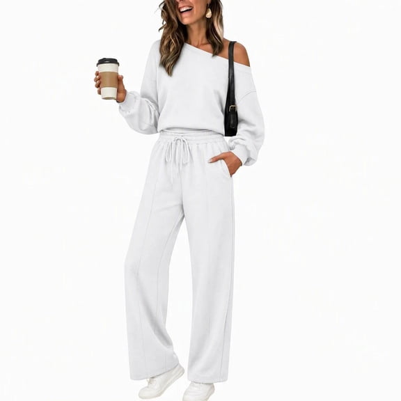 vdgthytj Sweatsuits Women 2 Piece Outfit off Shoulder Long Sleeve Cropped Tops Drawstring Straight Leg Pants Fall Casual Sets(X-Large,White)