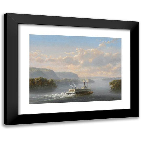 Ferdinand Richardt 14x12 Black Modern Framed Museum Art Print Titled - Steamwheeler on the Upper Mississippi (1865)