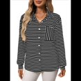 thumbnail image 2 of Camisas de Mujer con Botones, Blusas Clásicas A Rayas de Larga con Cuello y Bolsillo para Oficina. Negro S, 2 of 9