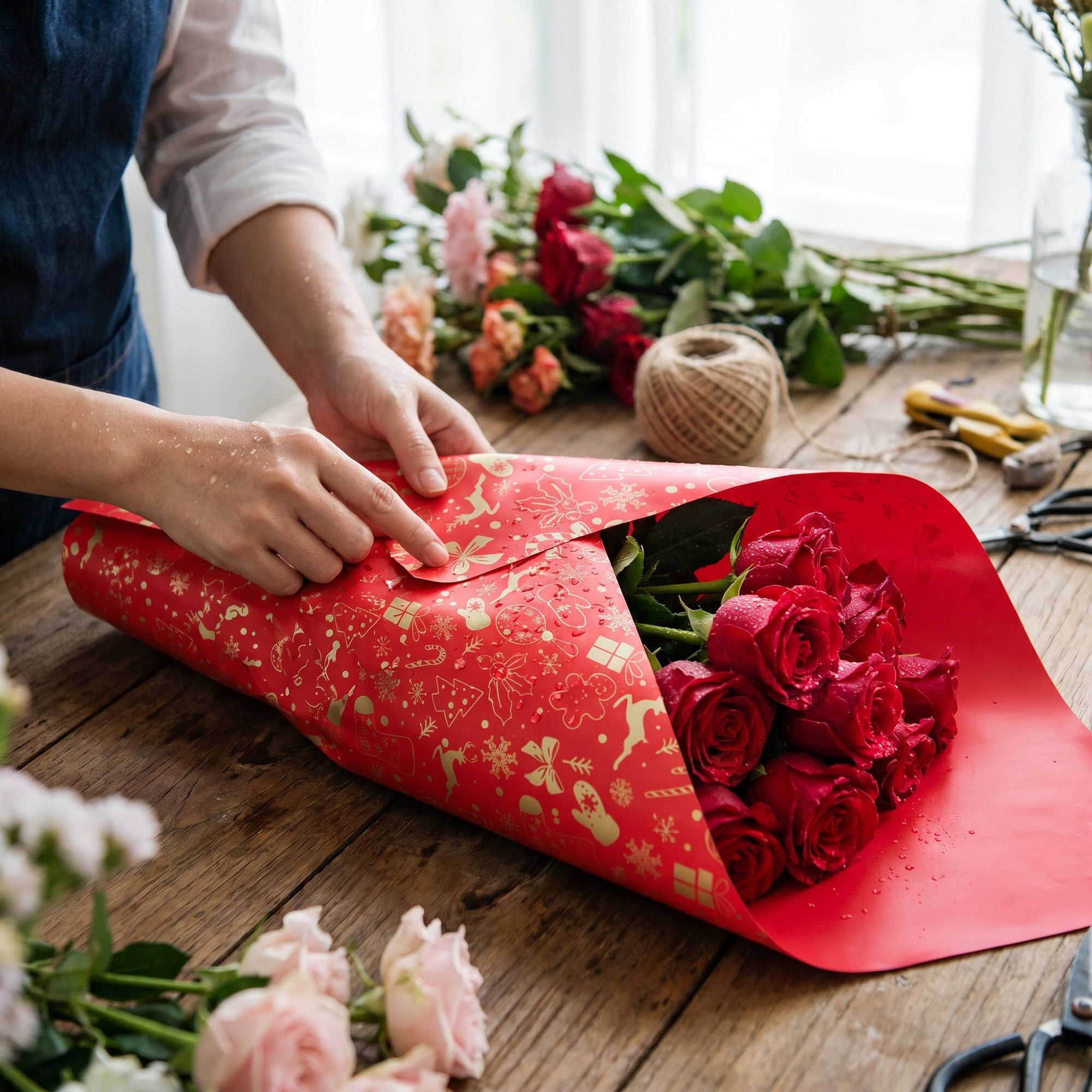 Unique Bargains Waterproof Matte Gift Wrap Paper for Bouquets Red Reindeer 22"x 22"