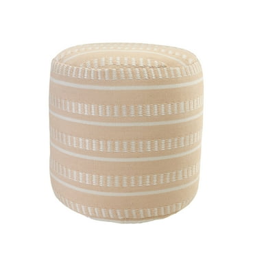 Laddha Home Designs 20" Peach and White Striped Round Outdoor Patio Pouf Ottoman