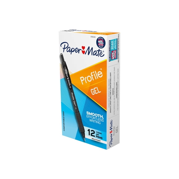 Paper Mate Profile Gel Rollerball Pens, Retractable, Broad Point, 1 mm, Black Ink, 12 Count