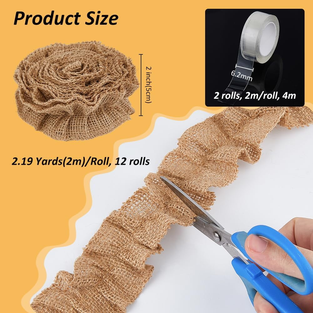 12 Rolls Ruffled Bulletin Board Borders Total 26.28 Yards with 2 Rolls Transparent Acrylic Double Sided Adhesive Tape Scalloped Classroom Burlap Bulletin Border Decorations Beige