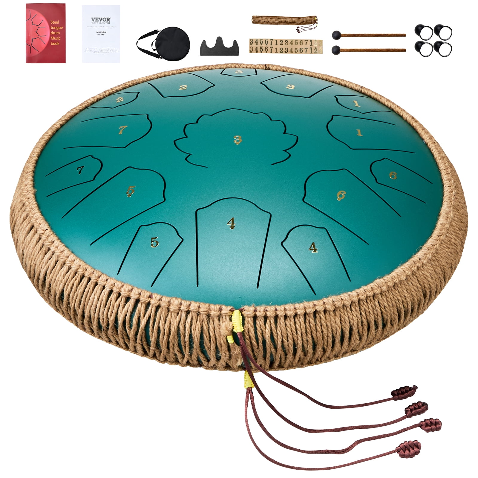 VEVOR Steel Tongue Drum, 14 in & 15 Notes, Rain Drum for Outside Garden, C Major Key, Tank Drum with 2 Mallets & Carry Bag, Hand Pan Drum Percussion Instrument for Musical Education Yoga, Green