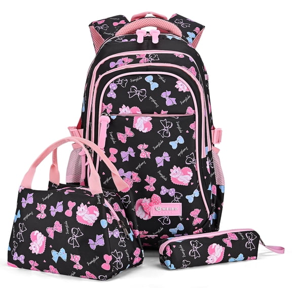 Kids School Backpack Set for Girls, 3 in 1 School Bag with Lunch Bag & Pencil Case for Primary Middle Students - Black