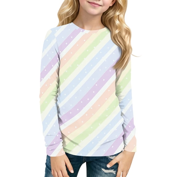 Abcomgle Girls Long Sleeve T Shirts Size 6-7 Trendy Rainbow Striped Crewneck Shirts for Girls Fall Basic Girls Tops Loose Blouses for Girls