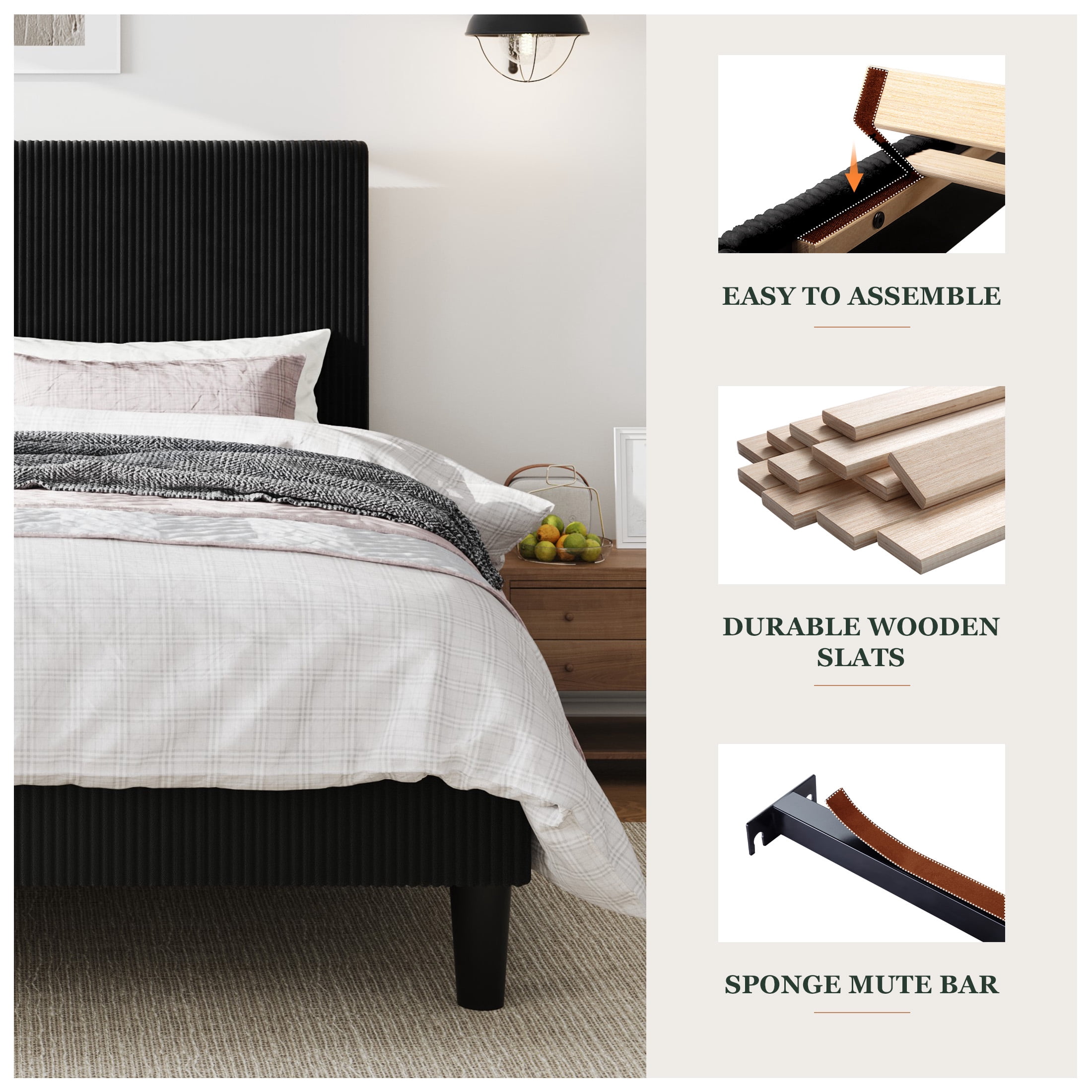 Amolife Full Size Platform Bed Frame with Corduroy Fabric Upholstered Adjustable Height Headboard, Black
