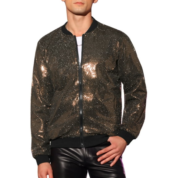 INSPIRE CHIC Sequin Varsity Jacket for Men's Zip Up Long Sleeves Party Sparkle Jacket