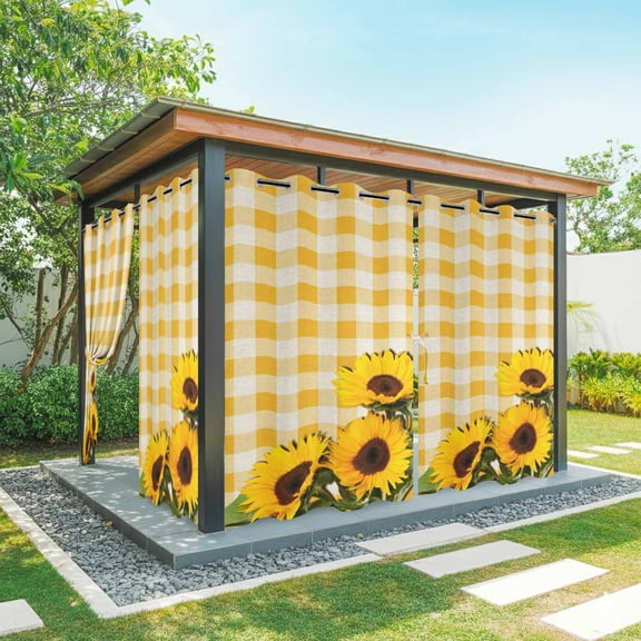Outdoor Curtains for Patio Waterproof, Spring Sunflowers Outdoor Privacy Panels Grommet, Yellow White Plaid Farmhouse Rustic Blackout Outside Curtains for Porch/Cabana/Pergola/Gazebo 54"x84", 1 Panel