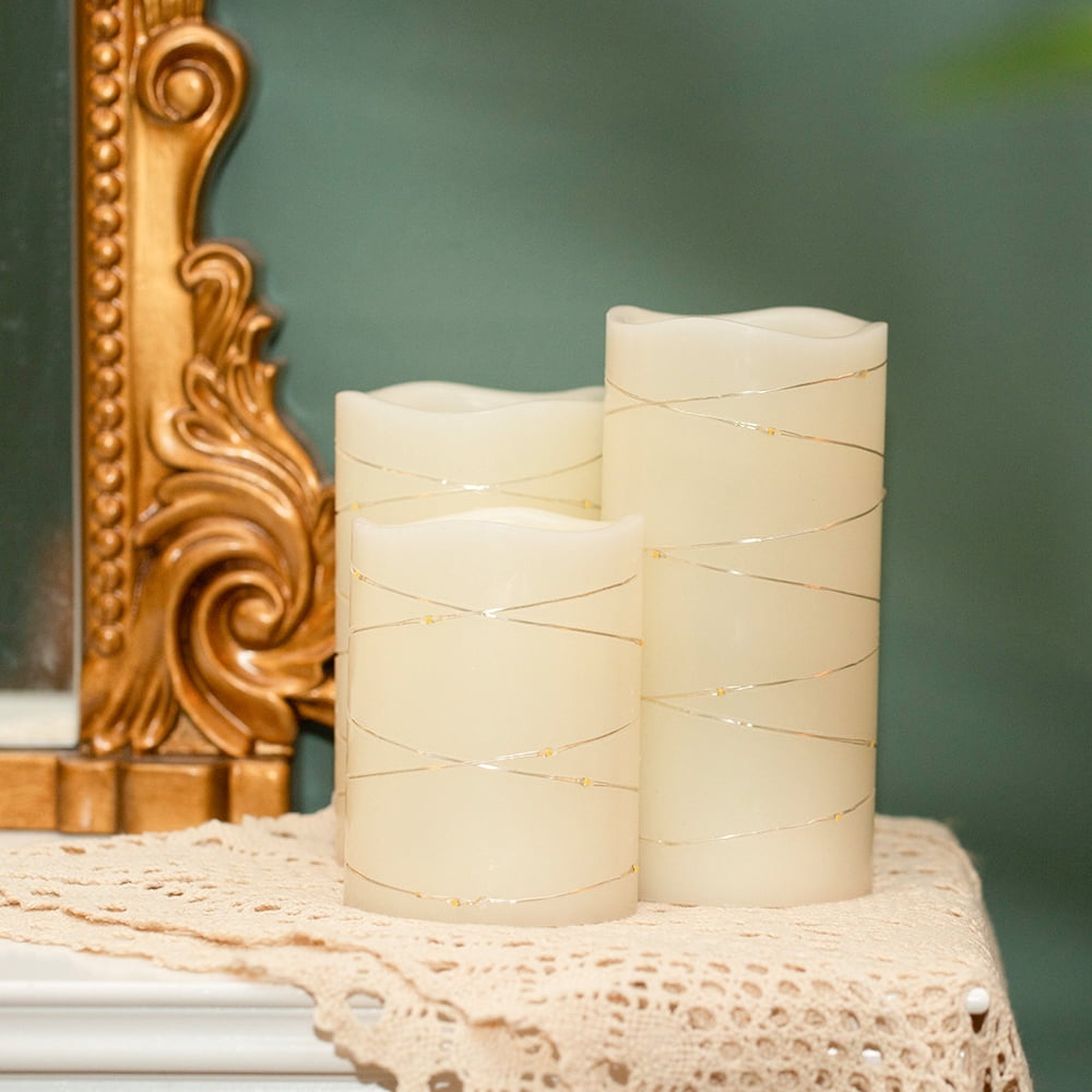 Flickering Flameless Candles Ivory Real Wax Pillar with Embedded String Lights LED Candles Battery Operated with Cycling 5H Timer Set of 3 (3" x 4"/5"/6")