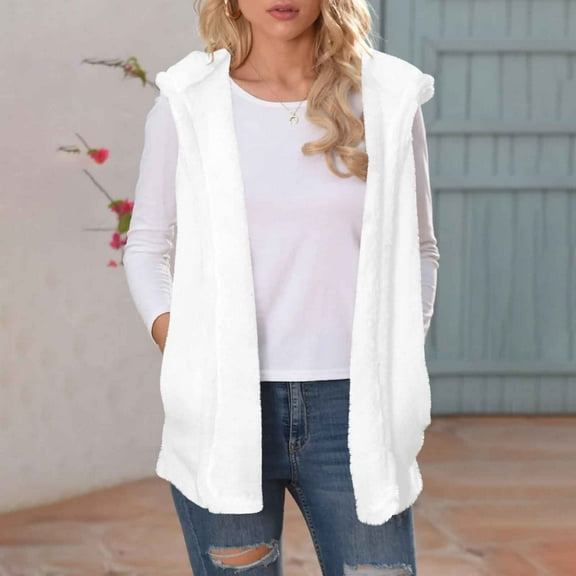 Xdegoge Womens Winter Vest Sherpa Fleece Open Front Hooded Cardigan Jacket with Pockets Fuzzy Thick Oversized Vests Winter Trendy Sleeveless Jackets 2025