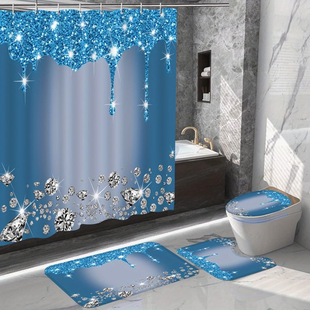 4Pcs Bathroom Shower Curtain Set, Sparkling Diamond-Pattern Bathroom Curtain With 12 Hooks, Bathroom Non Slip Rugs, Toilet Cover Mat, Bathroom Partition, Room Decor