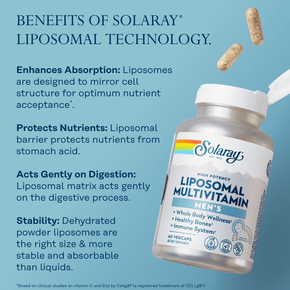 Solaray Liposomal Multivitamin for Men, Enhanced Absorption Immune, Energy & Bone Support Supplement, Mens Daily Multi Vitamin, BCAA’s, Vitamin D3, C, B12, Zinc, Vegan, Soy Free, 30 Serv, 60 VegCaps