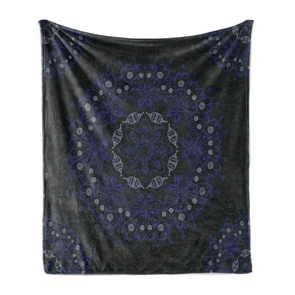 Dark Blue Soft Flannel Fleece Throw Blanket, Oriental Round Ornate Mandala Lace Style Eastern, Cozy Plush for Indoor and Outdoor Use, 60" x 80", Blue Violet Coconut, by Ambesonne