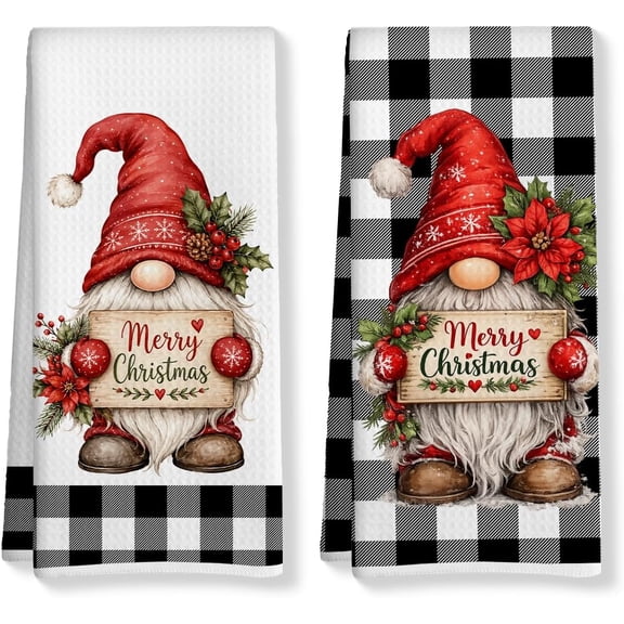 Christmas Gnome Kitchen Dish Towels Set of 2, Merry Christmas Buffalo Plaid Decorative Hand Towels for Farmhouse Xmas Home Decoration, 18" x 26"