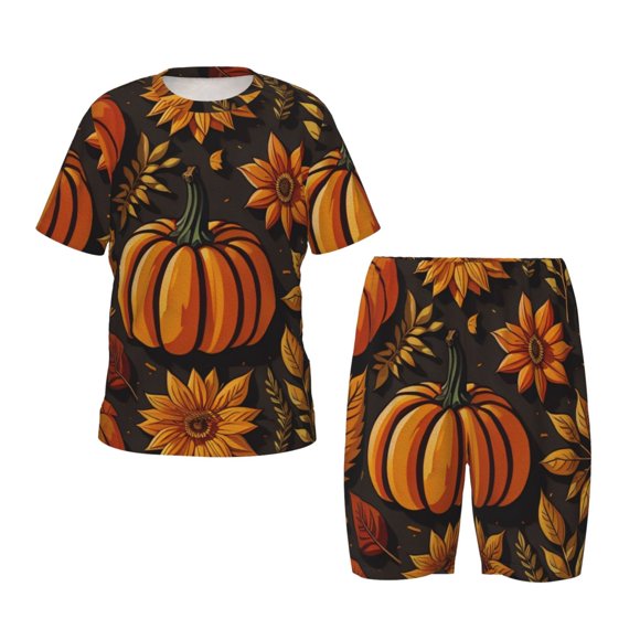 Balery Autumn Pumpkin Leaves Conjunto de Pijama Infantil de Manga Corta con Estampado – Ropa de Dormir de Algodón Suave-Medium