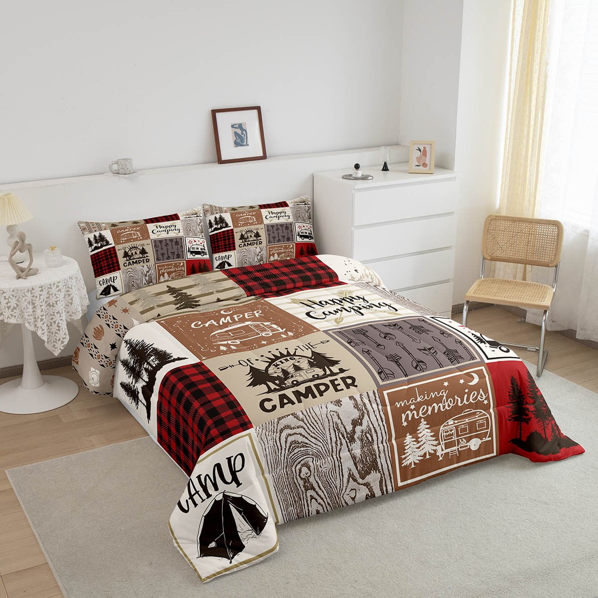 Erosebridal Short Queen Comforter For Rv Camper Happy Camping Bunk Comforter Set Rv Camper Accessories Bedding For Travel Trailers, Patchwork Buffalo Plaid Pine Tree Arrow Quilt Set Red Brown