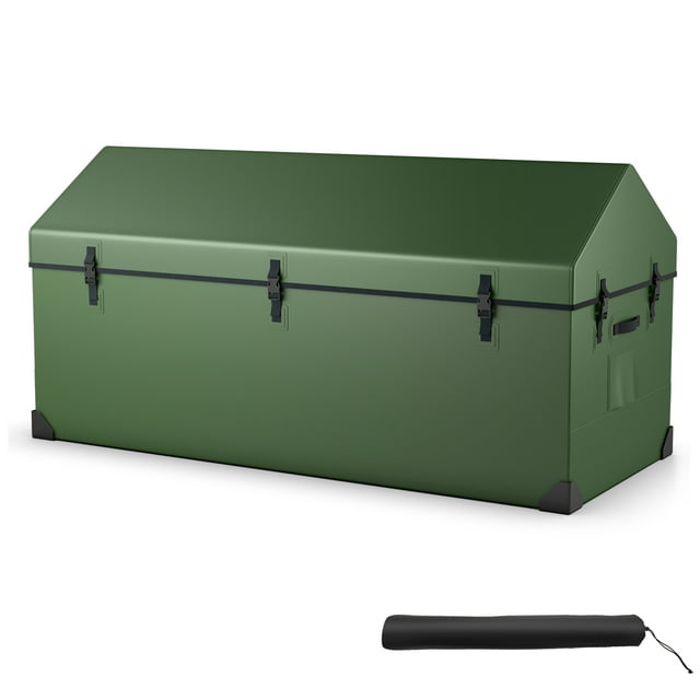 Patiojoy Waterproof Outdoor Storage Box with a 174-gallon capacity, shown in a green finish with a sloping top design. The box features a durable metal frame coated with premium plastic, weather-resistant PVC surface, and ventilated windows for keeping tools dry. It includes four corner protectors for added stability and a portable handle for easy transport. Dimensions are 59 inches in length, 27 inches in width, and 30.5 inches in height.