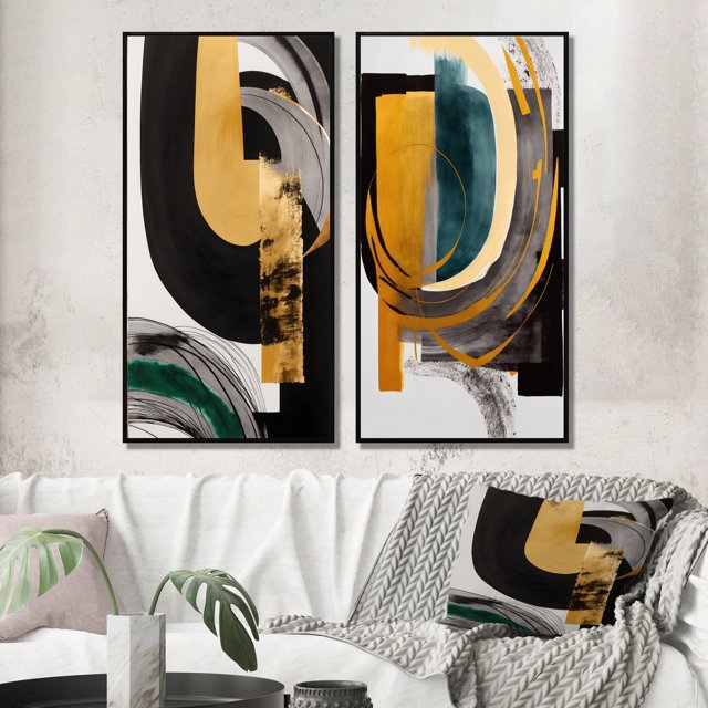 Designart "Contemporary Green Art Deco II" Abstract Transitional Framed Wall Art Set Of 2 - Green Abstract Framed Wall Art Set Of 2