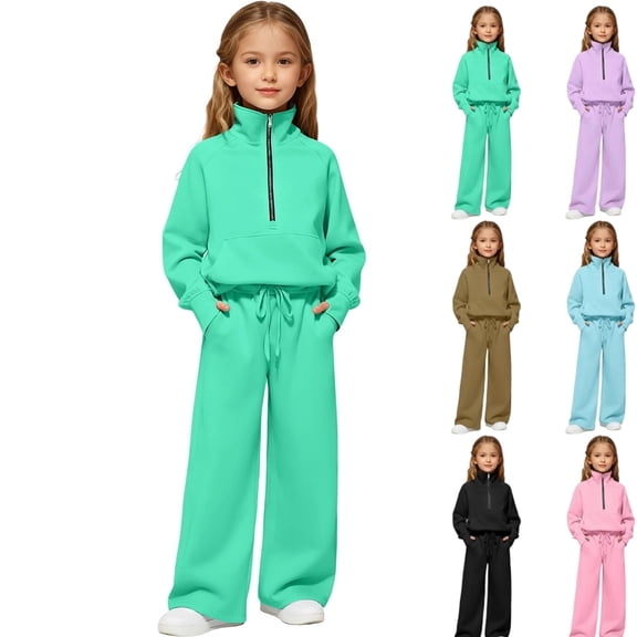 Girls Half Zip 2 Piece Sweatsuits Solid Fashion Tracksuit Set For Kids Sweatshirt and Jogger Sweatpants Matching Sets,Green 3-4 Years